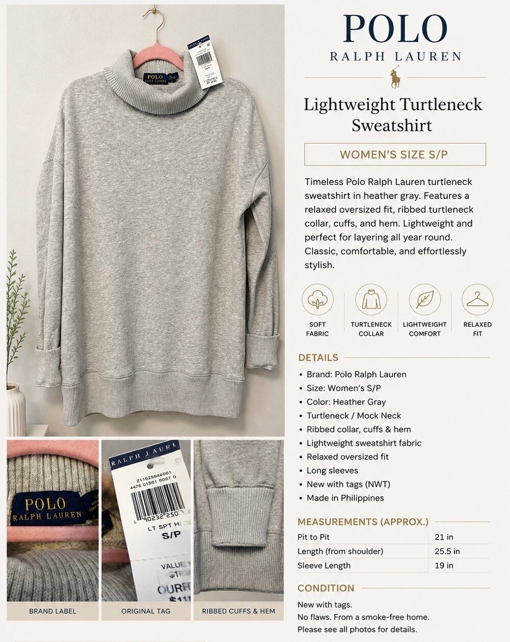 NWT Polo Ralph Lauren Gray Turtleneck Sweatshirt Women’s S/P
